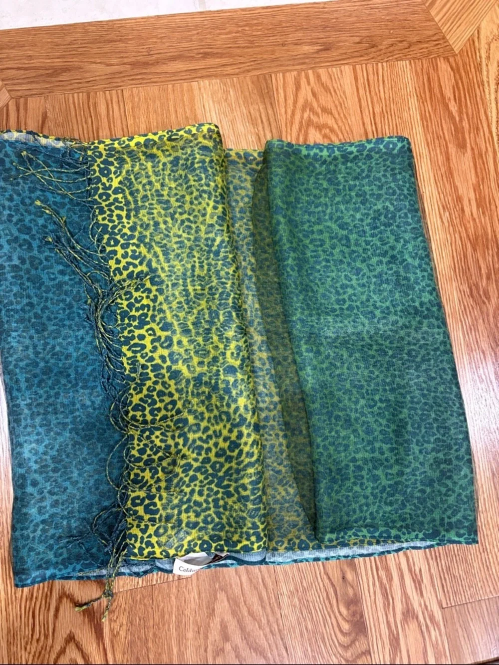 Coldwater Creek leopard Teal ombre to lime yellow Fringe Scarf SILK overlay